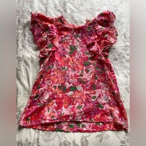 Banjanan Anthropologie Joyful Ruffle Blouse Top Pink Floral Large Boho Cotton